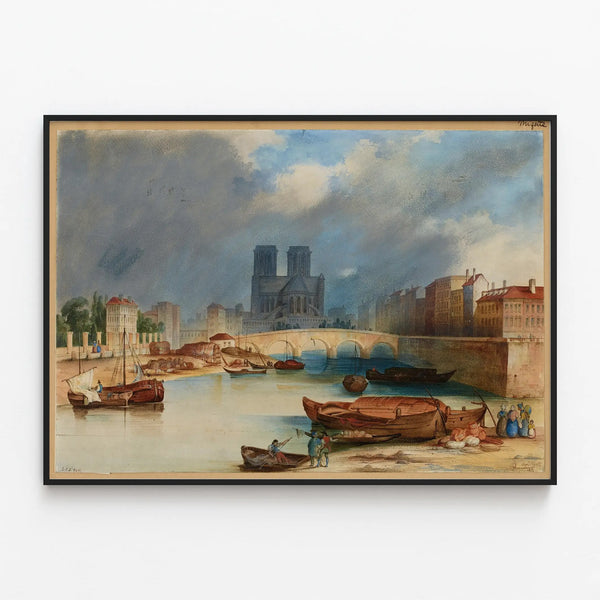 Poster Historical View of the Sanctuary of Notre-Dame and the Tournelle Bridge 1832 — framed artwork on a wall