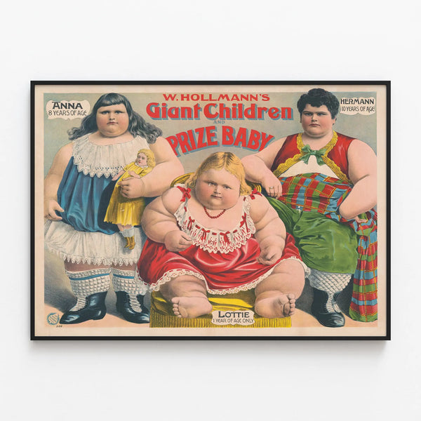 Vintage poster W. Hollmann's Giant Children and Prize Baby Wall Decoration — framed artwork on a wall