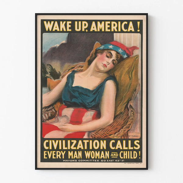 Vintage poster 'Wake Up America' for patriotic wall decoration