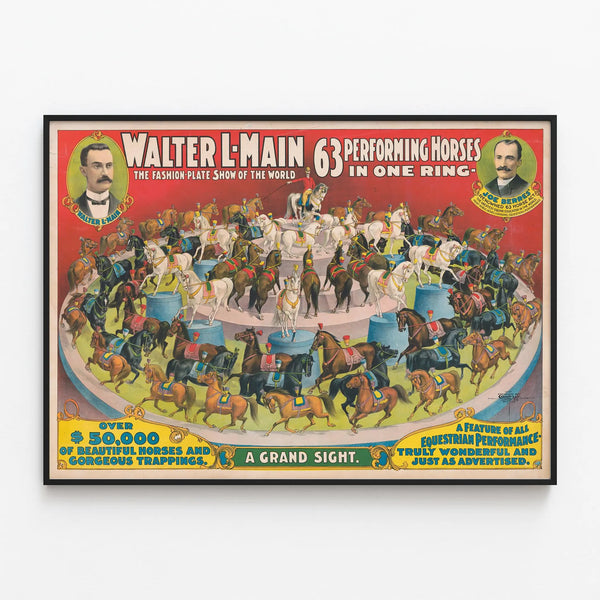 Vintage poster of horses in performance by Walter L. Main — framed artwork on a wall