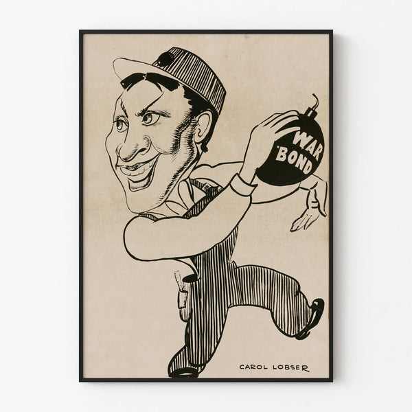 Vintage War Bond caricature poster in black and white