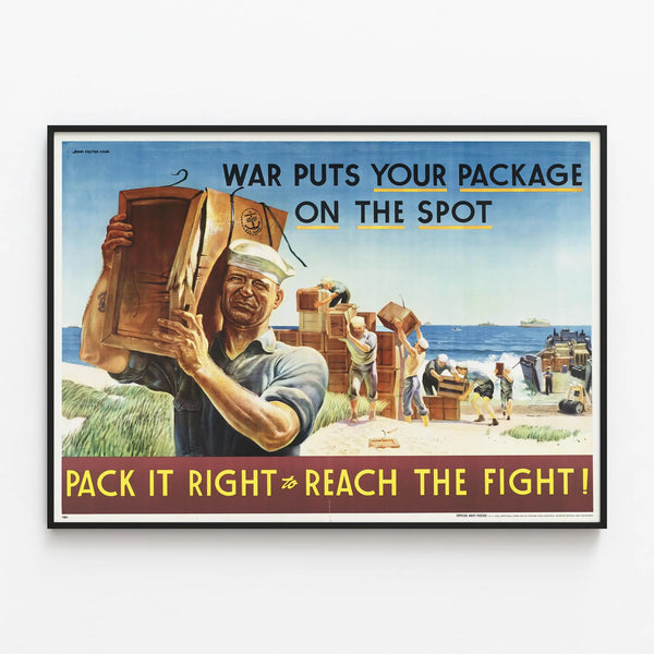 Vintage American military propaganda poster at sea — framed artwork on a wall