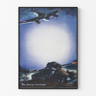 World War savings campaign poster with airplane and tanks