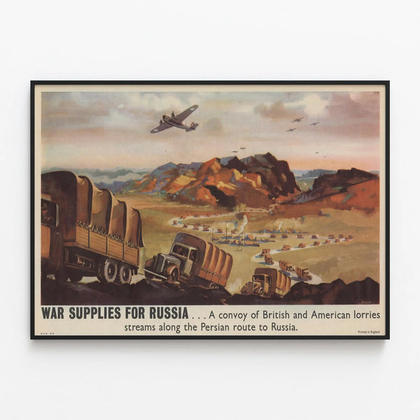 Decorative poster of a military convoy heading to Russia — framed artwork on a wall