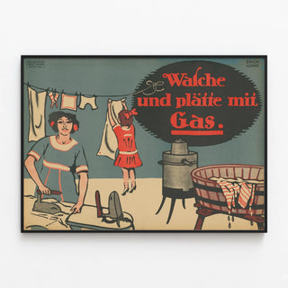 Vintage Poster for Laundry and Ironing with Gas — framed artwork on a wall