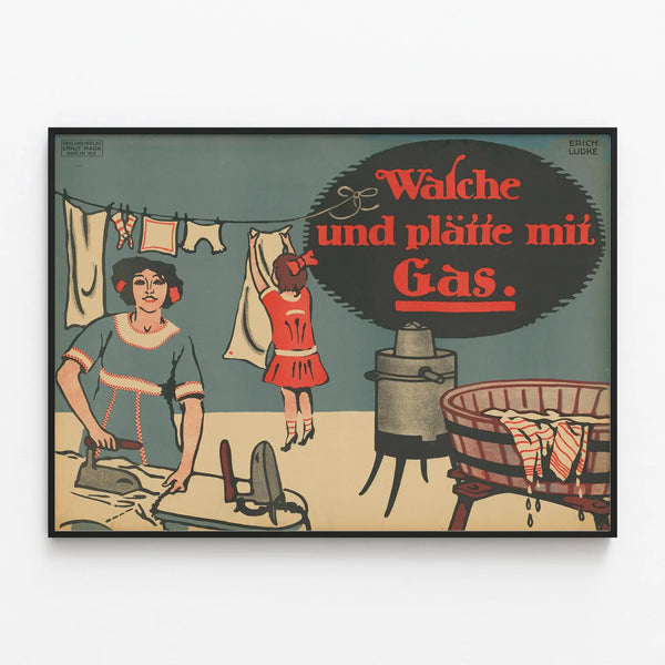 Vintage Poster for Laundry and Ironing with Gas — framed artwork on a wall