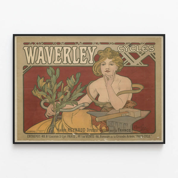 Vintage Poster Waverley Cycles - Art Nouveau Wall Decoration — framed artwork on a wall
