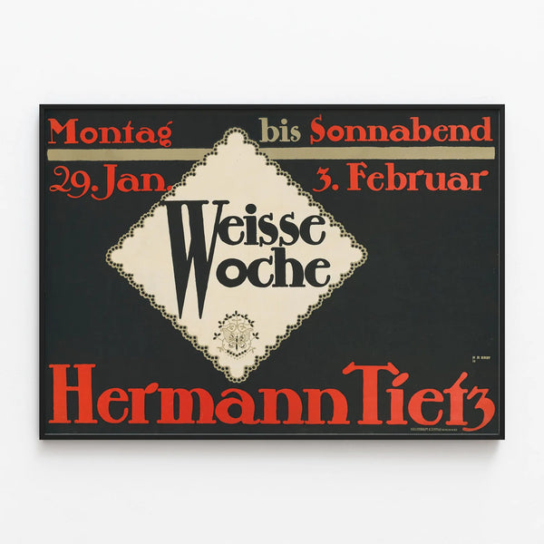 Retro Poster Weisse Woche by Hermann Tietz — framed artwork on a wall