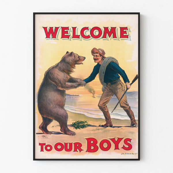 Vintage Poster Welcome to Our Boys with Bear and Soldier – Retro Wall Decoration