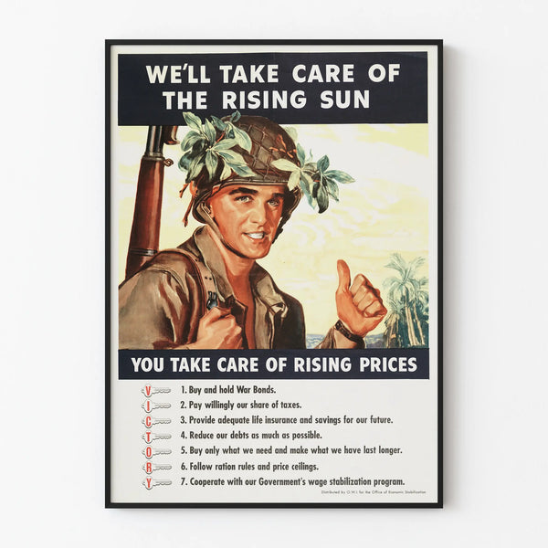 Vintage military propaganda poster with soldier and motivational text