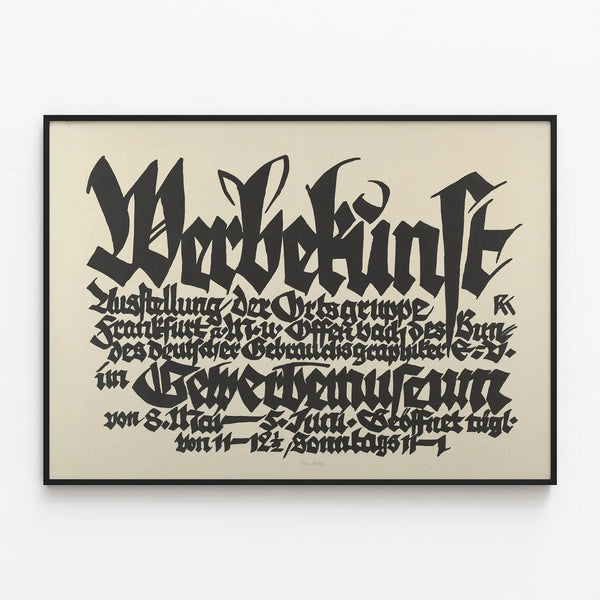 Typographic poster of the Werbekunst exhibition in Frankfurt — framed artwork on a wall