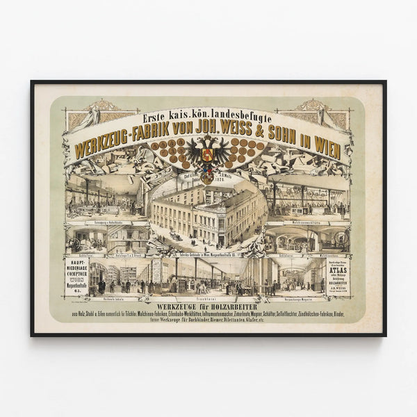 Vintage poster of Johann Weiss & Fils workshop tools in Vienna — framed artwork on a wall