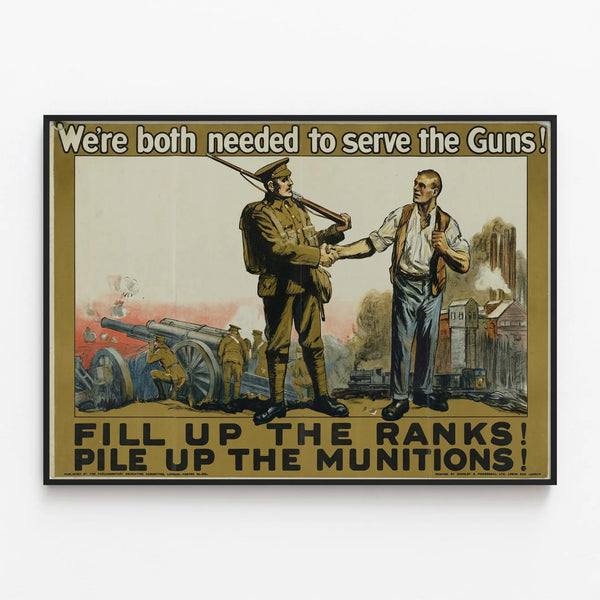 Vintage military recruitment and industrial production poster — framed artwork on a wall