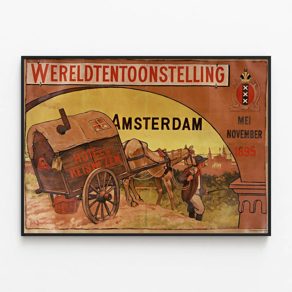 Vintage Poster of the 1895 Amsterdam Universal Exposition — framed artwork on a wall