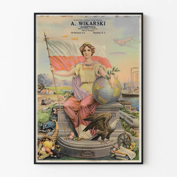 Vintage wall decoration poster A. Wikarski Gospoda with allegory of progress