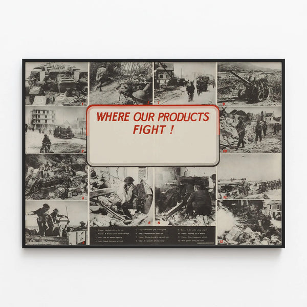 Historical wall poster: Where Our Products Fight — framed artwork on a wall