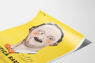 Vintage humorous poster of Ben Turpin on a yellow background