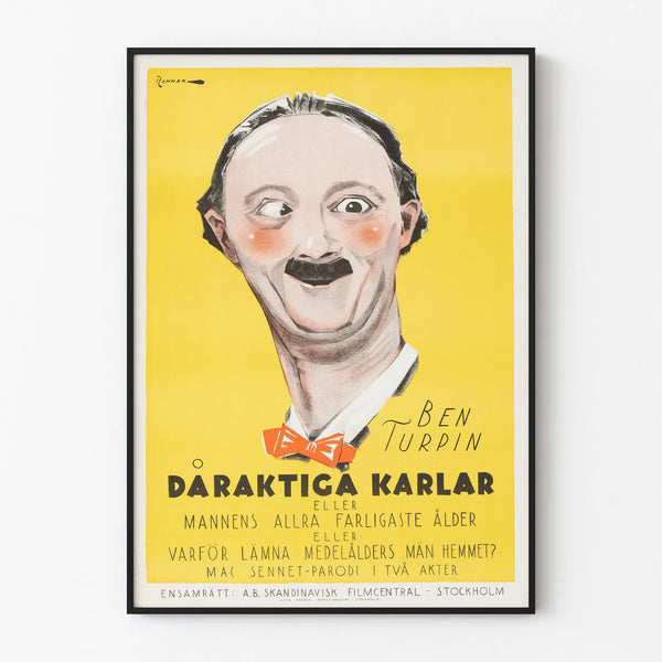 Vintage humorous poster of Ben Turpin on a yellow background