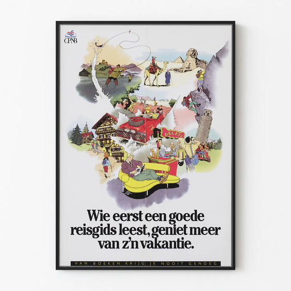 Vintage travel poster with adventure scenes and guidebook reading