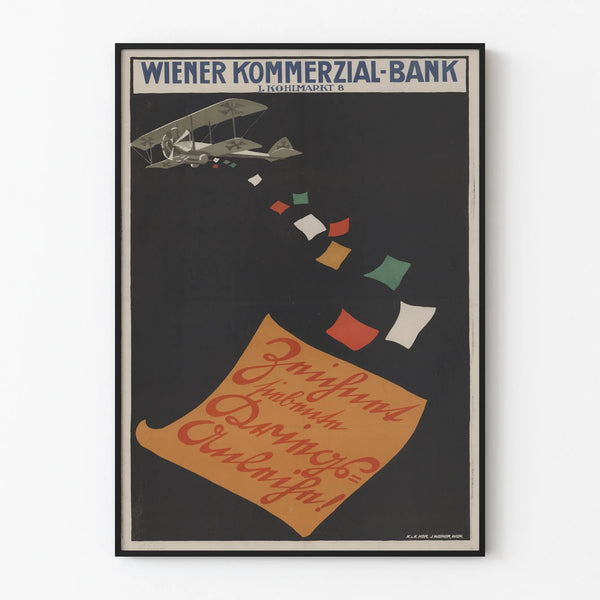 Vintage poster of Wiener Kommerzial-Bank with airplane and colorful letters