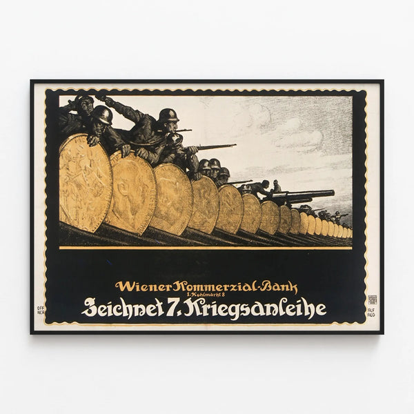 Vintage poster of Wiener Commercial Bank for the 7th war loan — framed artwork on a wall