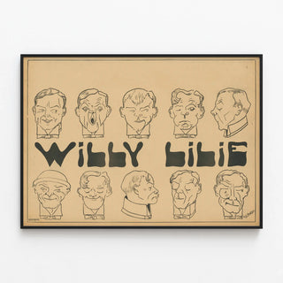 Vintage Caricature Poster of Expressionist Faces Willy Lilie — framed artwork on a wall