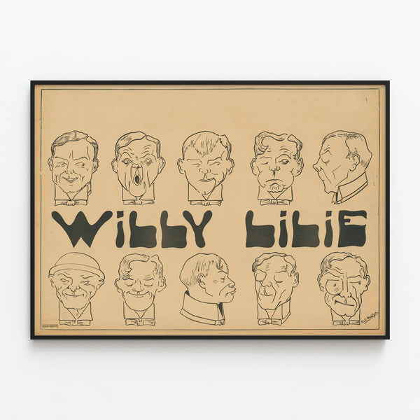 Vintage Caricature Poster of Expressionist Faces Willy Lilie — framed artwork on a wall
