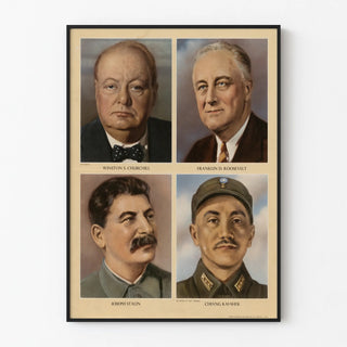 Vintage poster of the world leaders Winston Churchill, Franklin D. Roosevelt, Joseph Stalin, and Chiang Kai-shek