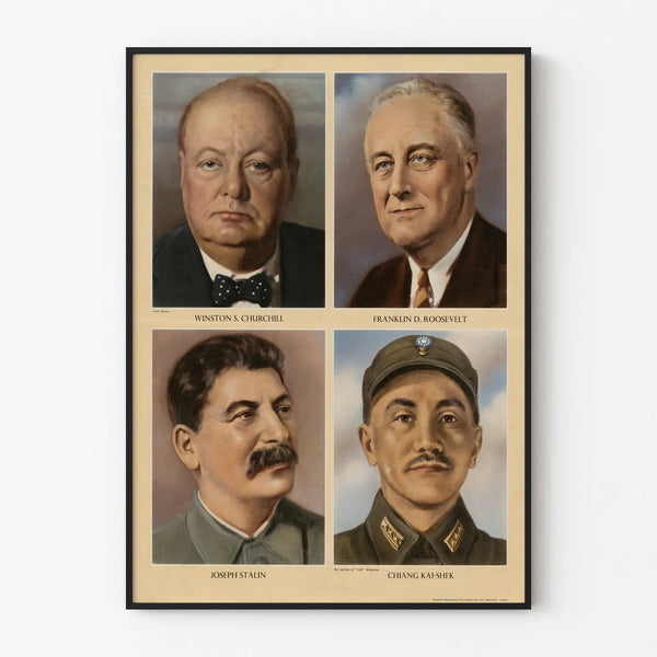 Vintage poster of the world leaders Winston Churchill, Franklin D. Roosevelt, Joseph Stalin, and Chiang Kai-shek