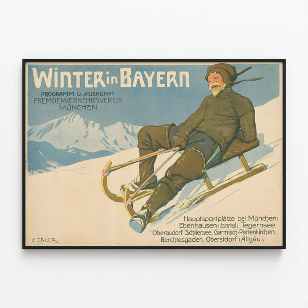 Vintage Winter Poster in Bavaria - Winter Sports Wall Decoration — framed artwork on a wall