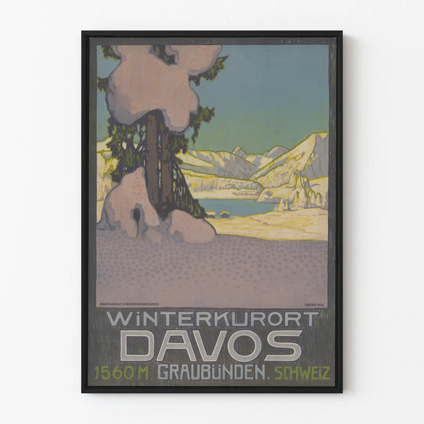 Vintage poster of Winterkurort Davos, snowy mountain wall decoration