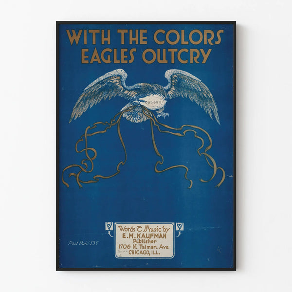 Vintage blue poster with eagle and ribbons for wall decoration