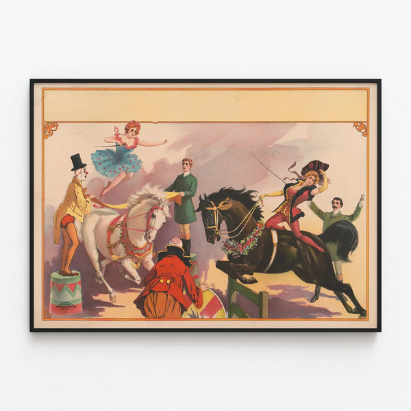 Vintage poster of a female equestrian show — framed artwork on a wall