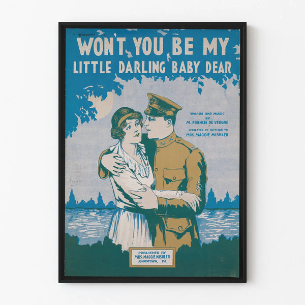 Vintage Romantic Poster of Soldier and Young Woman by the Water