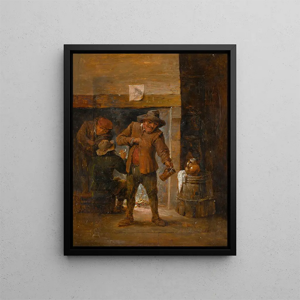 Interior tavern painting with men near a hearth - David Teniers the Younger's — framed artwork on a wall