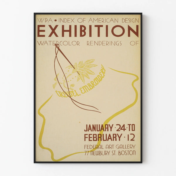 Exhibition poster of Crewel embroidery in watercolor WPA Boston