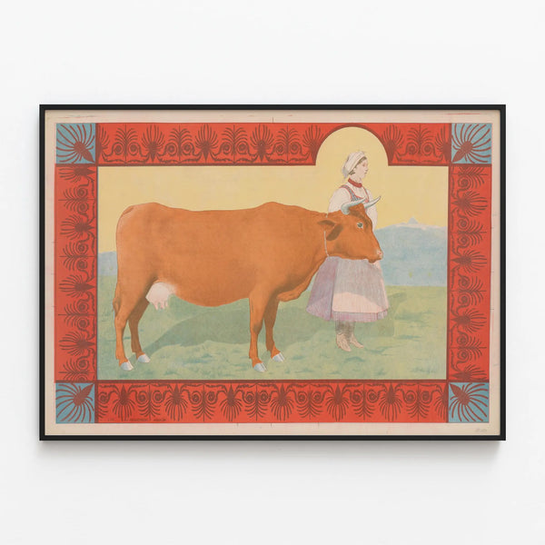 Vintage decorative poster of the Red Cattle with a traditional cowgirl — framed artwork on a wall