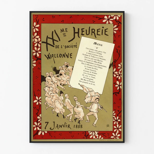 Vintage poster of banquet menu Société Wallonne 1888 wall decoration