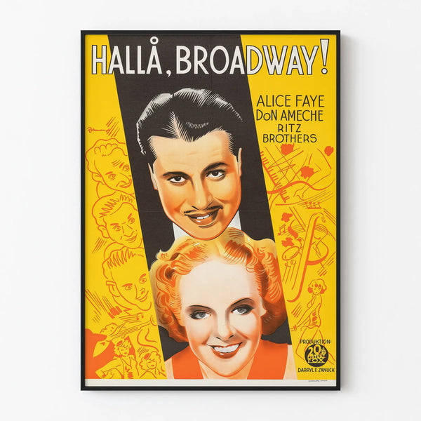 Vintage Broadway poster with stylized portraits