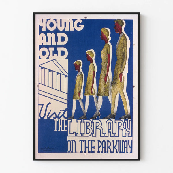 Vintage poster 'Young and Old Visit the Library' for wall decoration