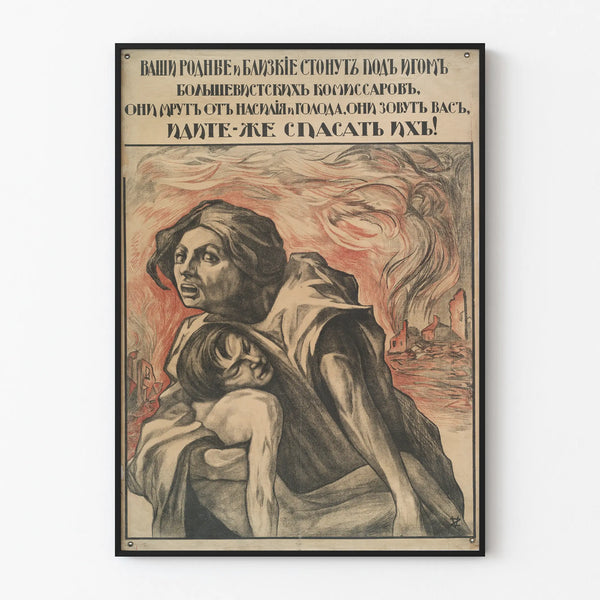 Historical propaganda poster in charcoal and red drawing