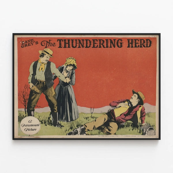 Vintage poster The Thundering Herd by Zane Grey — framed artwork on a wall