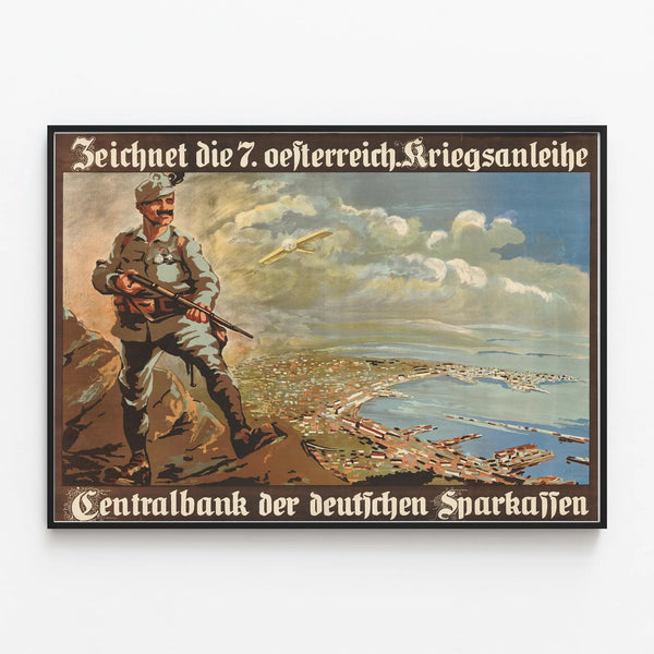 Vintage poster promoting Austrian war bonds — framed artwork on a wall