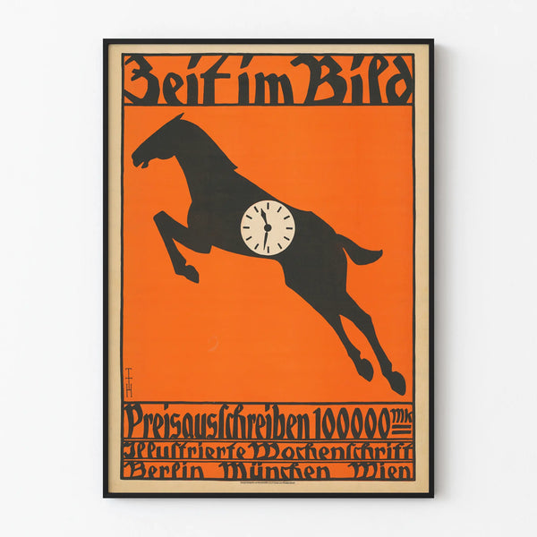 Vintage decorative poster Pferd with clock on orange background