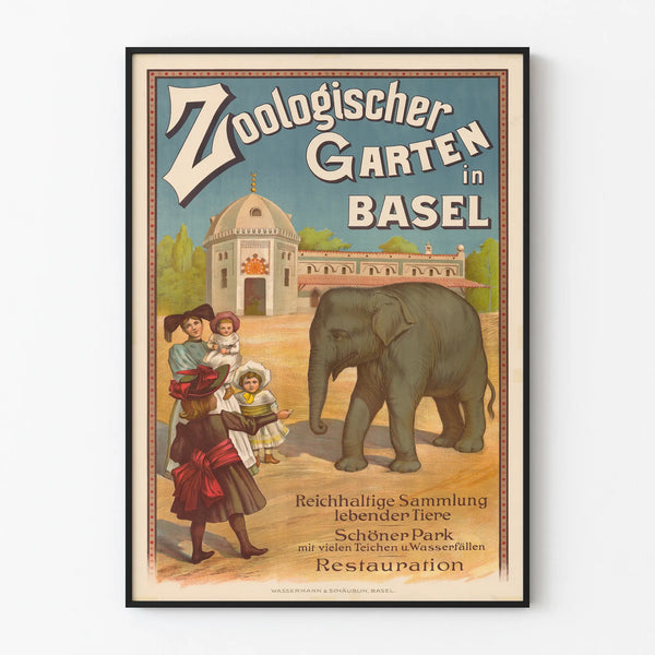 Vintage poster of the Basel zoo with an elephant and visitors