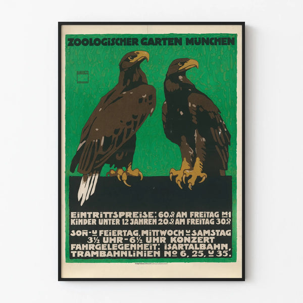 Vintage decorative poster of the Munich Zoological Garden featuring eagles