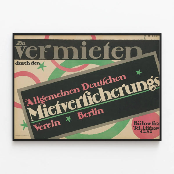 Vintage Poster Mietversicherung Berlin - Typographic Wall Decoration — framed artwork on a wall