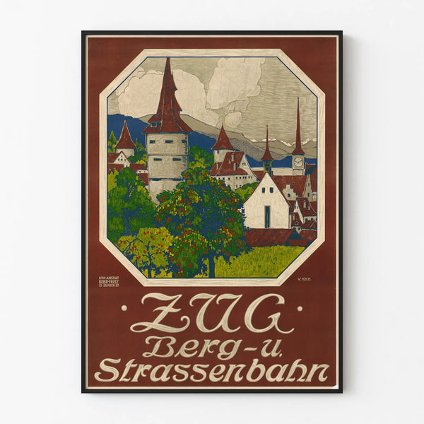 Vintage poster of Zug mountain and street railway, Swiss city