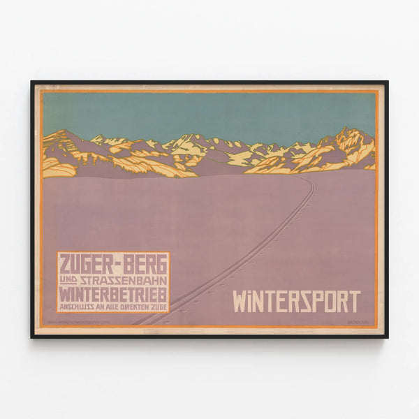 Vintage Zuger-Berg Winter Sports and Tramway Poster — framed artwork on a wall