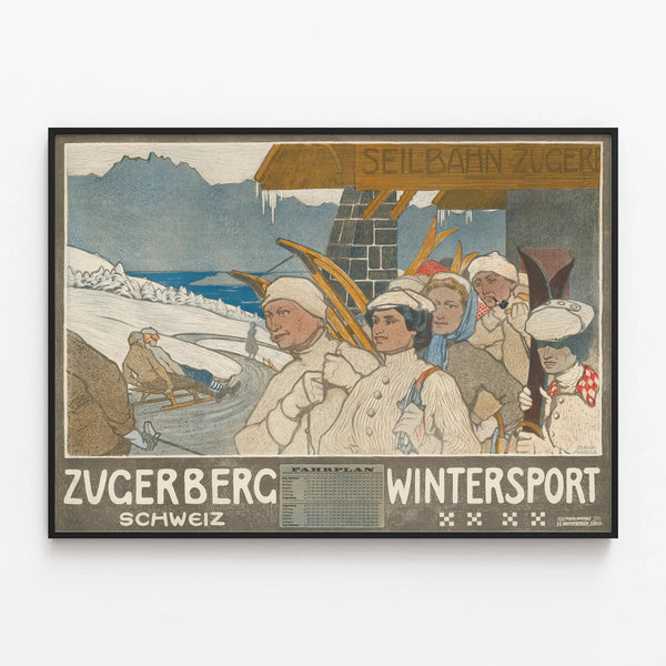 Vintage Zugerberg Winter Sports Swiss Poster — framed artwork on a wall